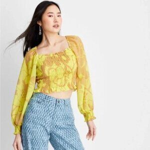 Yellow and Brown Smocked Puff Sleeve Crop Top